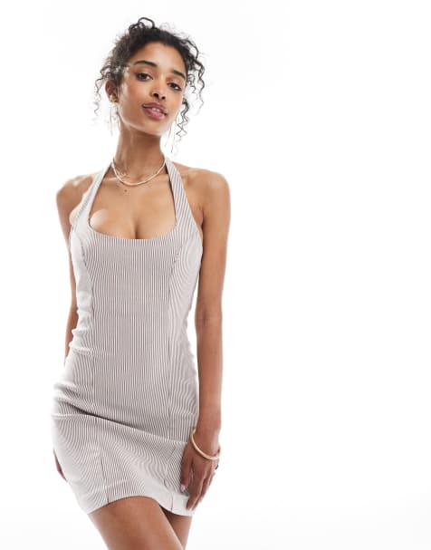 Bershka - Vestito corto allacciato al collo in bengalina marrone a righe - view 1