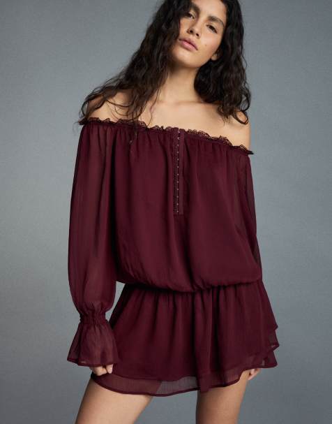 Bershka vestito corto con scollo Bardot e vita arricciata color bordeaux - view 1