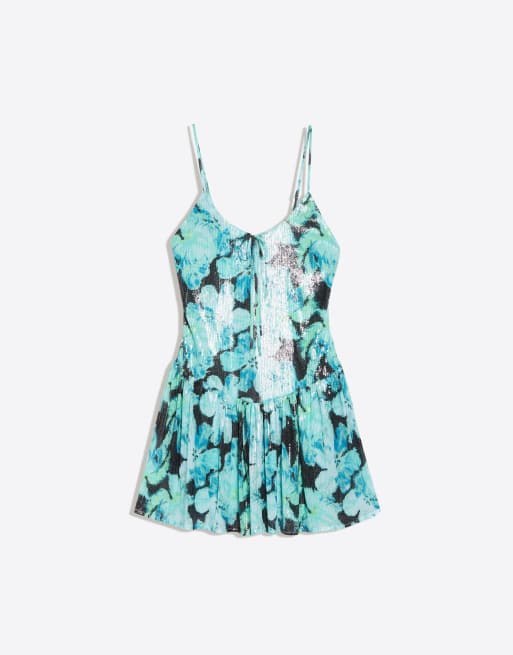 Bershka vestito corto con spalline e paillettes con gonna svasata blu, 5 di 5