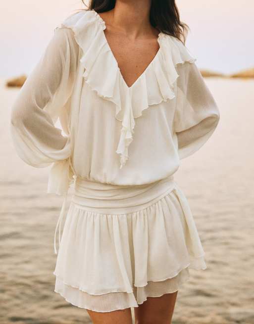 Bershka vestito corto con volant bianco, 4 di 5