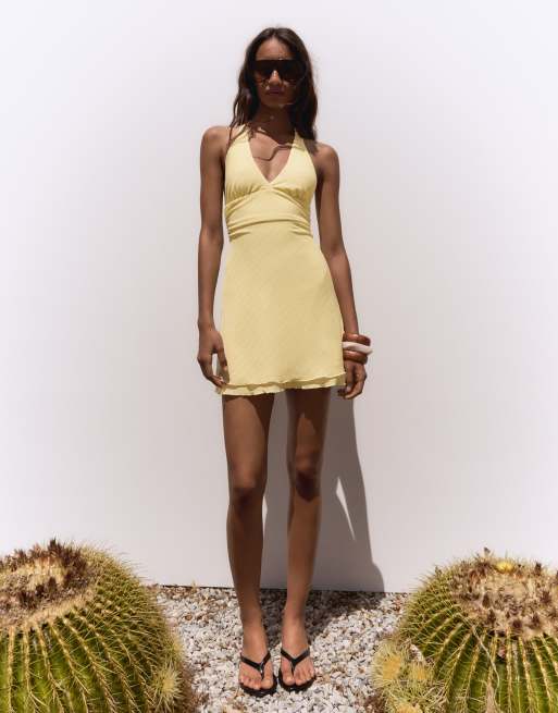 Bershka - Vestito corto giallo a righe allacciato al collo, 2 di 4