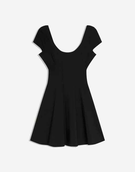 Bershka - Vestito corto in bengalina nero con gonna svasata, 4 di 4