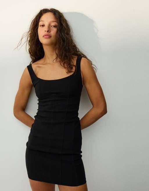 Bershka - Vestito corto in bengalina nero con spalline sottili, 4 di 4