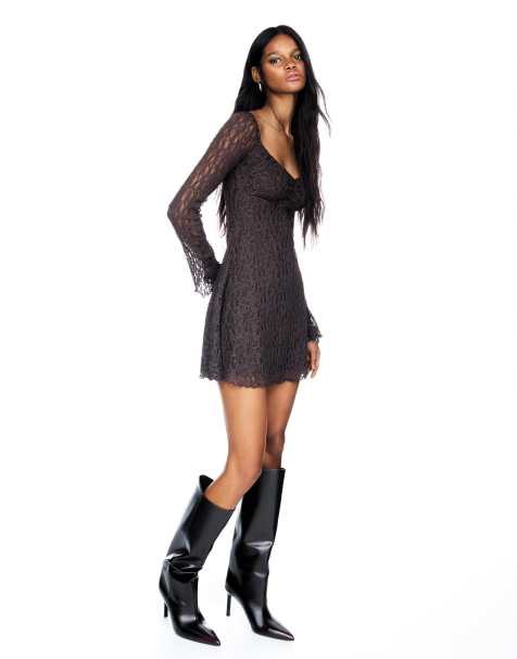 Bershka - Vestito corto in pizzo marrone con scollo alla Bardot - view 1
