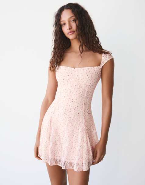 Bershka - Vestito corto in pizzo rosa con stampa - view 1