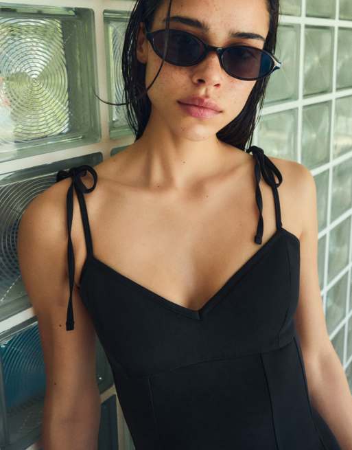 Bershka - Vestito corto nero con spalline con fiocchi, 4 di 5