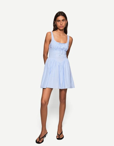 Bershka - Vestito corto svasato blu in misto lino - view 1