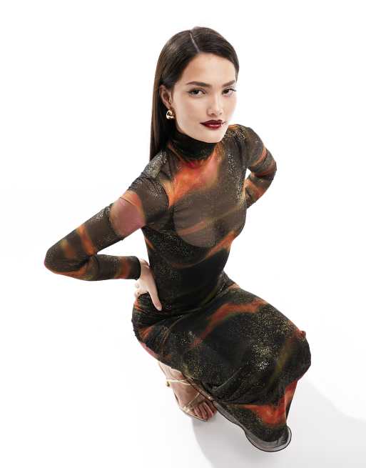 Bershka - Vestito lungo accollato in rete nero con stampa rossa, 2 di 4
