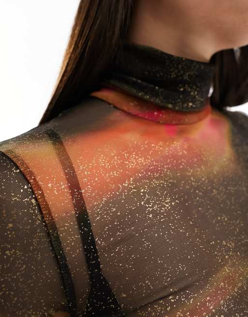Bershka - Vestito lungo accollato in rete nero con stampa rossa, 3 di 4