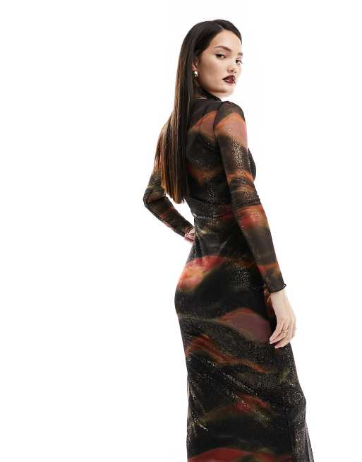 Bershka - Vestito lungo accollato in rete nero con stampa rossa, 4 di 4