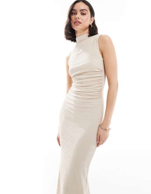 Bershka - Vestito lungo accollato testurizzato color sabbia