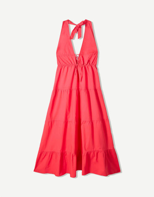 Bershka - Vestito lungo allacciato al collo a balze rosso, 4 di 4