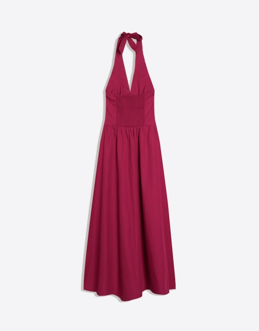 Bershka - Vestito lungo allacciato al collo in popeline bordeaux, 6 di 6