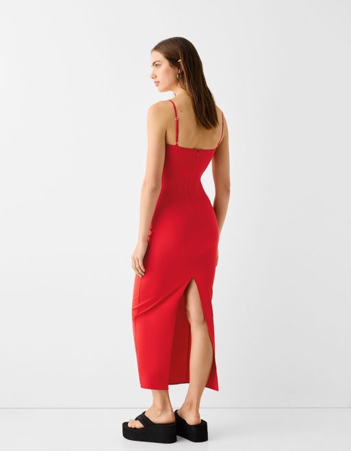 Bershka Vestito lungo con spalline sottili in bengalina rosso