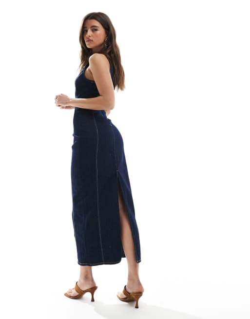 Bershka - Vestito lungo di jeans blu scuro fasciante, 2 di 4