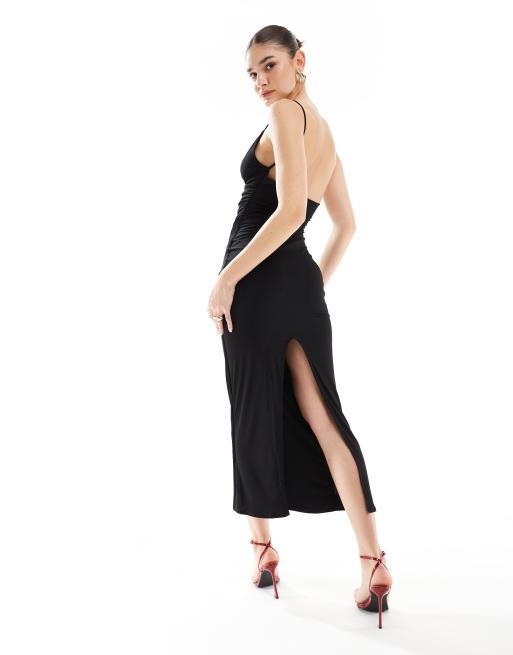 Bershka - Vestito lungo sinuoso nero con scollo ad anello, 3 di 4