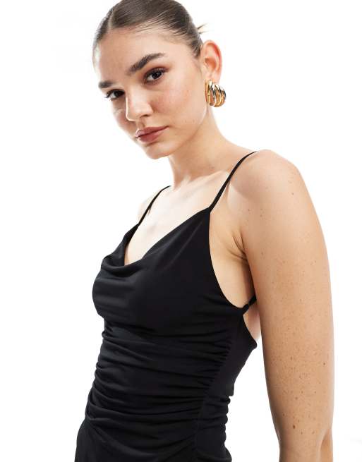 Bershka - Vestito lungo sinuoso nero con scollo ad anello, 4 di 4