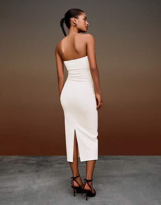 Bershka - Vestito midi a fascia in maglia color écru, 3 di 4