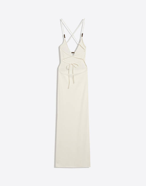 Bershka - Vestito midi allacciato al collo écru, 4 di 4