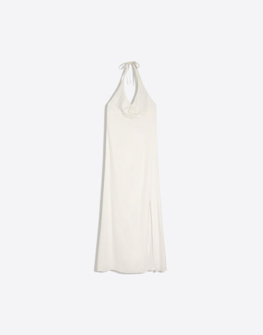 Bershka - Vestito midi allacciato al collo in misto lino bianco, 4 di 4