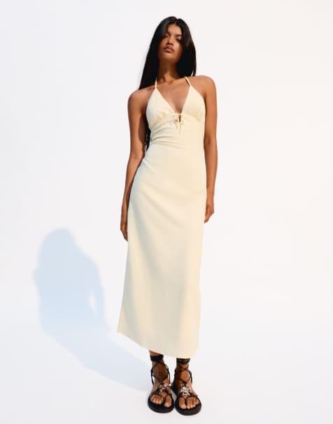 Bershka - Vestito midi allacciato al collo in misto lino giallo con laccetto - view 1