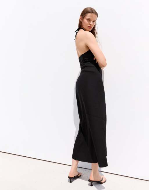 Bershka - Vestito midi allacciato al collo nero in lino, 3 di 5