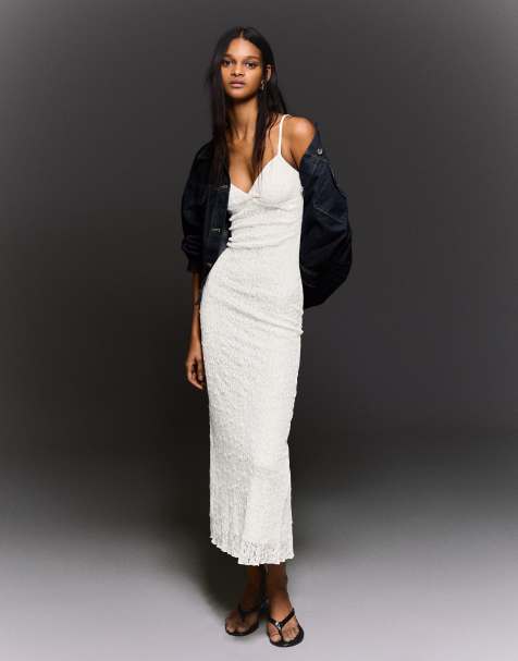 Bershka - Vestito midi bianco con spalline in pizzo - view 1