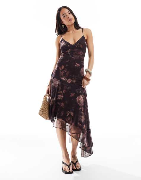 Bershka - Vestito midi bordeaux a fiori con fondo asimmetrico - view 1