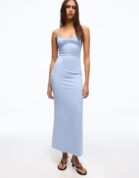 Bershka - Vestito midi con spalline arricciato azzurro - view 1