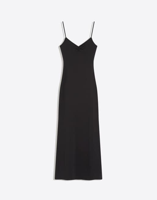 Bershka - Vestito midi con spalline arricciato nero, 4 di 4