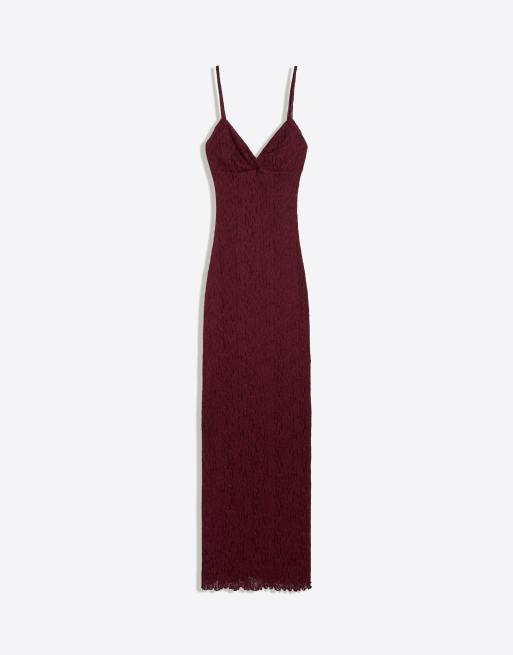 Bershka - Vestito midi con spalline sottili in pizzo bordeaux, 5 di 5