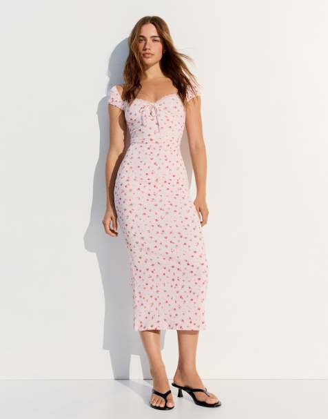 Bershka - Vestito midi in pizzo rosa stropicciato - view 1