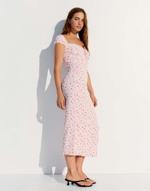Bershka - Vestito midi in pizzo rosa stropicciato, 4 di 5