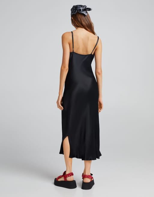 Bershka - Vestito midi in raso nero, 3 di 4