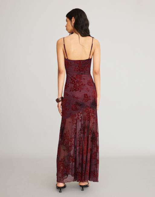 Bershka vestito midi in tulle floccato con bretelle marrone, 3 di 5