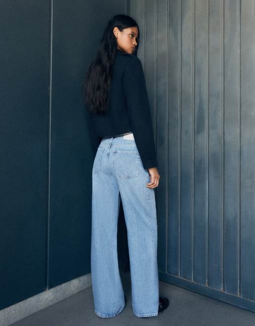 Bershka vida jeans med korsad midja i mellanblått, 3 av 6