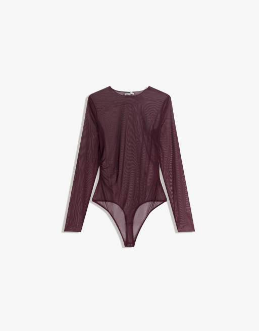 Bershka – Vinröd body i mesh med långa ärmar ASOS