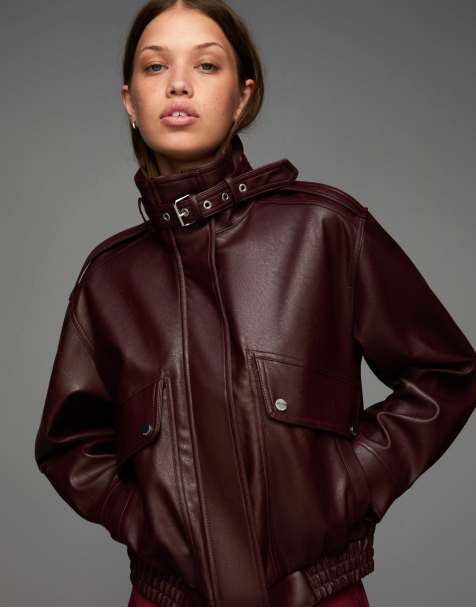Bershka – Vinröd jacka i läderimitation med fickor - view 1
