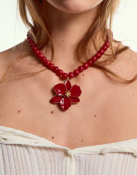 Bershka – Vinrött halsband med blomma - view 1