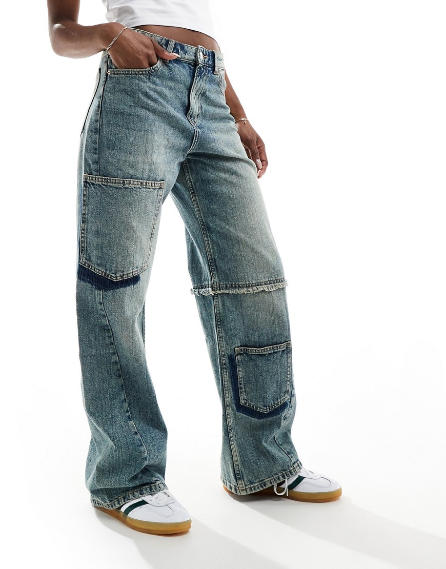 Bershka Vintage Pocket Detail Baggy Jeans In Light Dirty Wash-blue