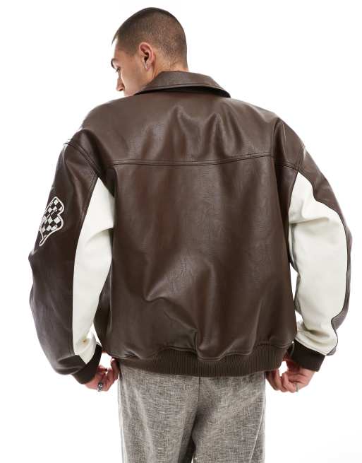 Bershka vintage varsity bomber in brown, 4 of 4
