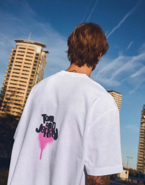 Bershka – Vit, avslappnad t-shirt med Tom & Jerry-tryck - view 1