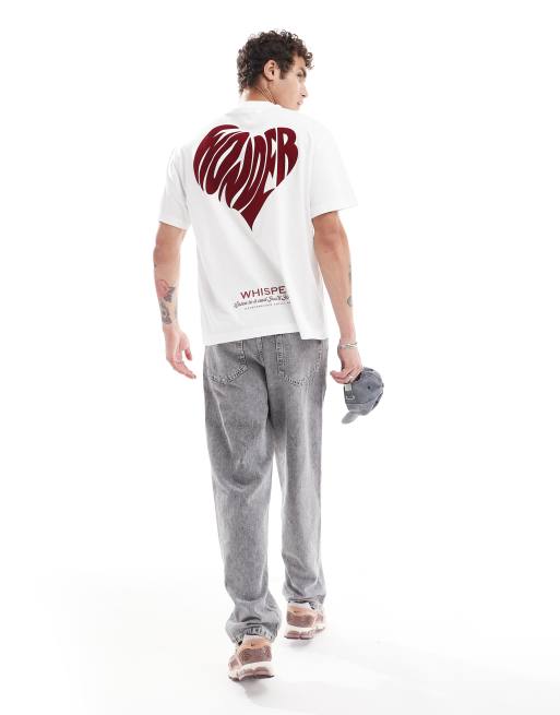 Bershka – Vit, boxig t-shirt med flockat hjärtmotiv, 2 av 4