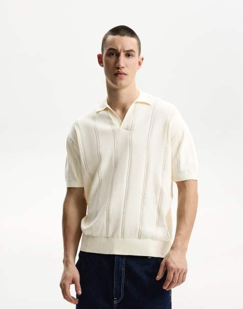 Bershka – Vit, kortärmad pikétröja med textur - view 1