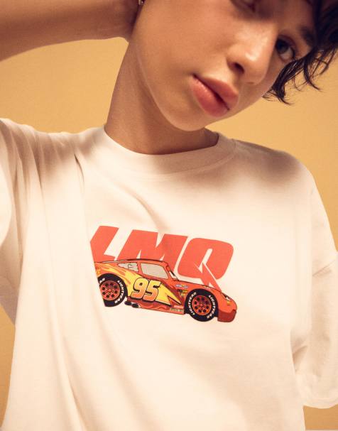 Bershka – Vit, kortärmad t-shirt med biltryck - view 1