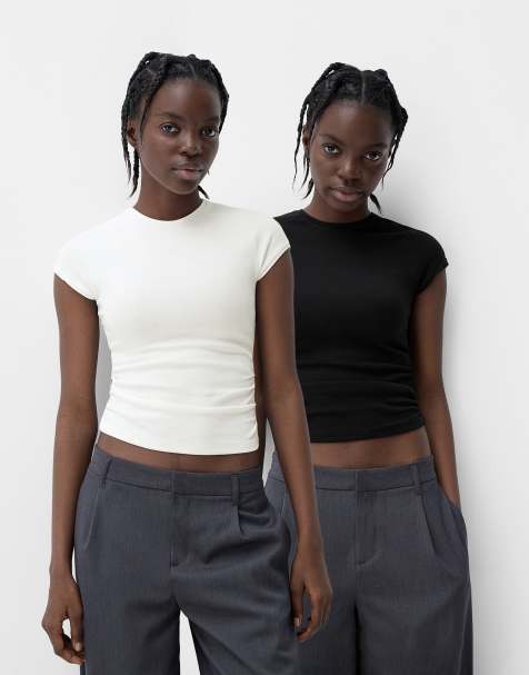 Bershka – Vit, kortärmad t-shirt med indragning, 2-pack - view 1