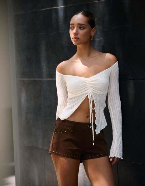 Bershka – Vit, rustik, stickad tröja med rynkning - view 1