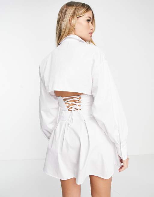 Bershka – Vit skjortklänning med korsettdetalj av poplin, 3 av 4
