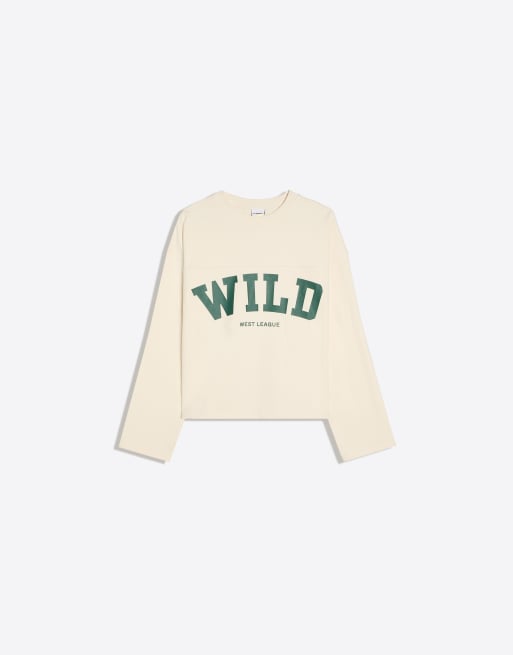 Bershka – Vit sweatshirt med rund halsringning och tryck, 5 av 5