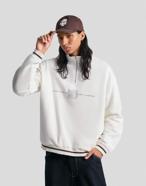 Bershka – Vit sweatshirt med tryck och kvartslång dragkedja - view 1